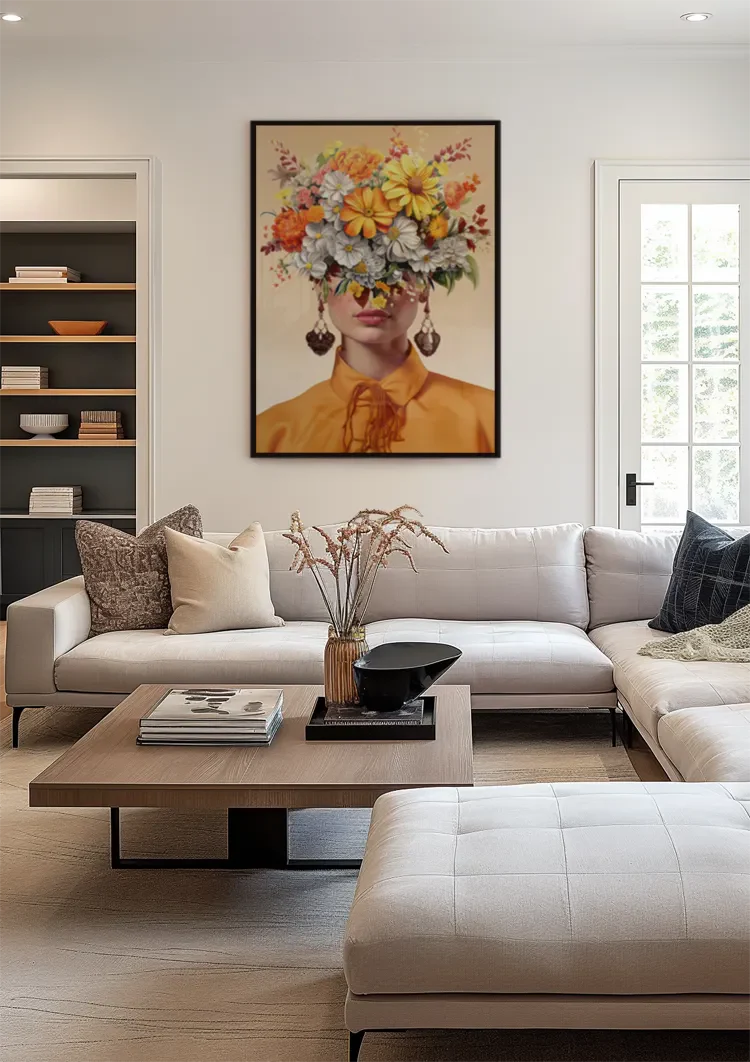 Vrouw Oranje Blouse Kleurrijke Bloemen Hoofd Portret Florale Schilderij