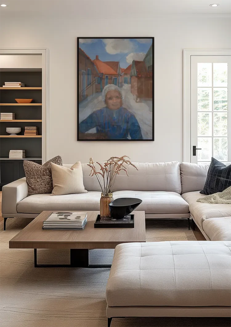 Elderly Woman in Blue Dress in Narrow Village Street Painting