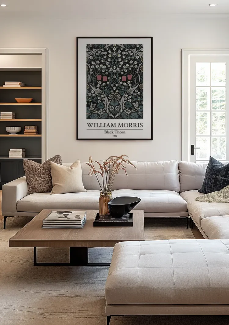 William Morris Black Thorn Dunkelblau Weiße Blumen Rosa Akzente Gemälde