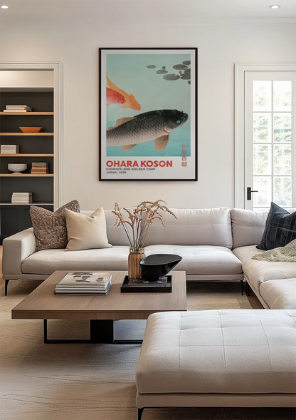 Black and Gold Koi Fish Water Lilies Japanese Vintage Style Painting