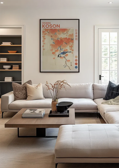 Japanese Tit on Paulownia Branch Orange Autumn Leaves Painting