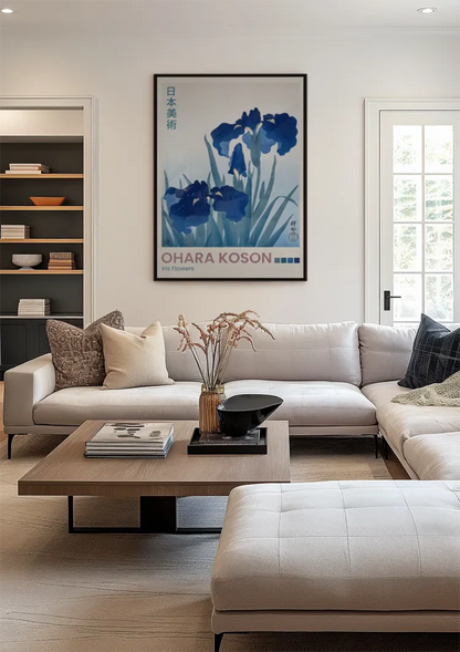 Japanese Iris Flowers Blue Green Leaves Botanical Painting