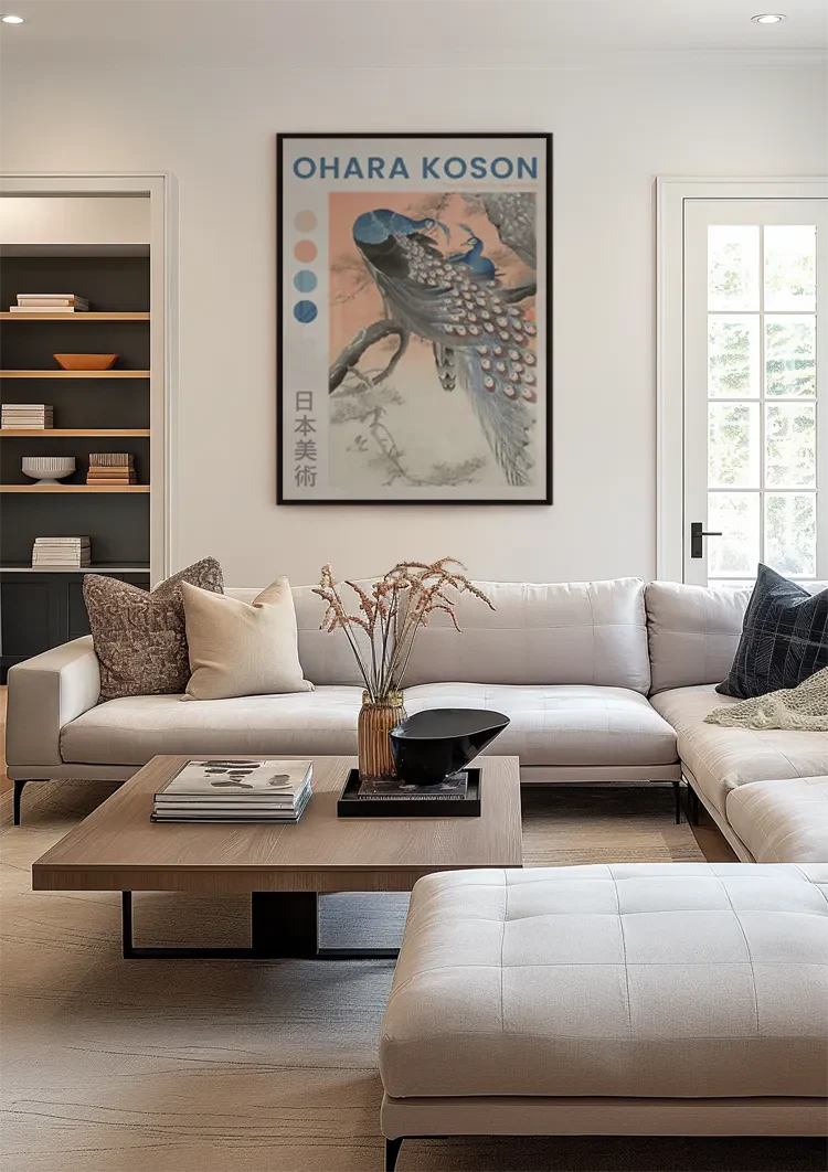 Two Peacocks on Tree Branch Japanese Pastel Nature Painting