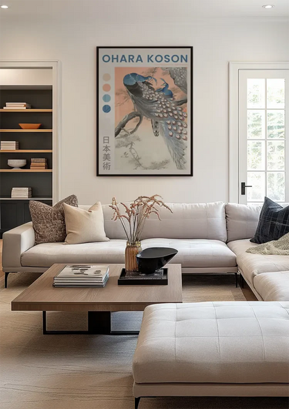 Two Peacocks on Tree Branch Japanese Pastel Nature Painting