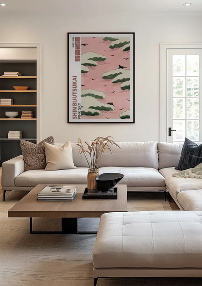 Roze Lucht Groene Wolken Zwarte Vogels Japanse Stijl Schilderij