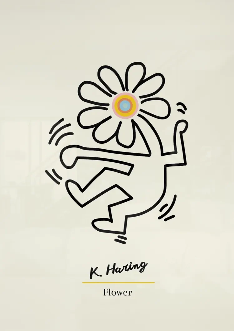 Figur mit Blumenkopf Schwarze Strichzeichnung Minimalistisches Gemälde