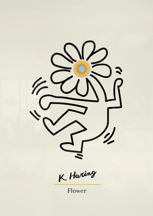 Figuur met een bloemhoofd canvas schilderij boven het bed in de slaapkamer