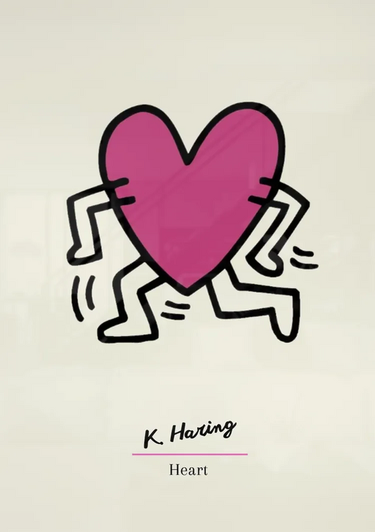 Keith Haring Roze Hart canvas schilderij hangt boven het bed in de slaapkamer