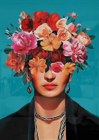 Woman with Colorful Flower Crown on Turquoise Background Painting