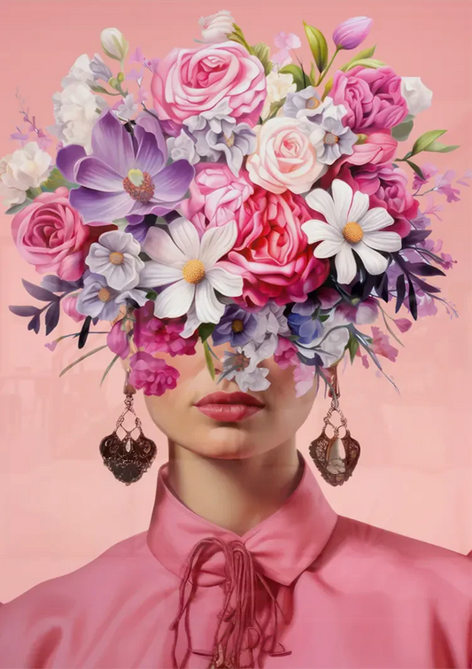 Vrouw met een bloemenboeket canvas schilderij hangt aan de muur boven het bed in de slaapkamer