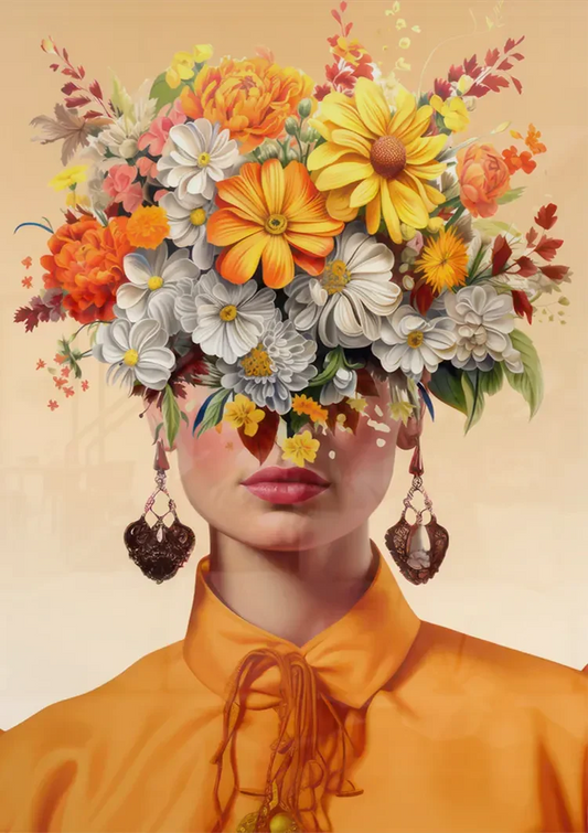 Vrouw met bloemenkroon canvas schilderij aan de muur boven de bank in de slaapkamer