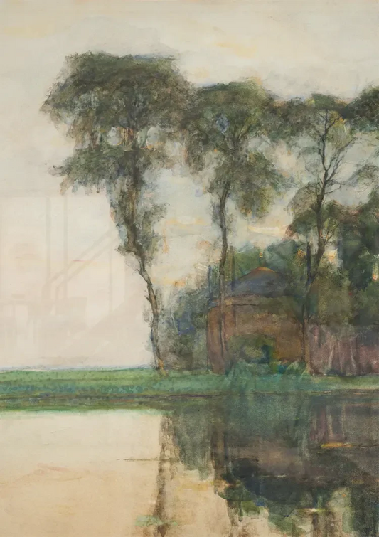 Bomenlandschap met water canvas schilderij hangt aan de muur boven het bed in de slaapkamer