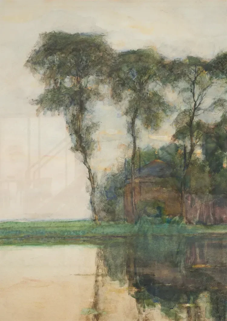 Serene Bomenlandschap met Weerspiegeling in Rustig Water Schilderij