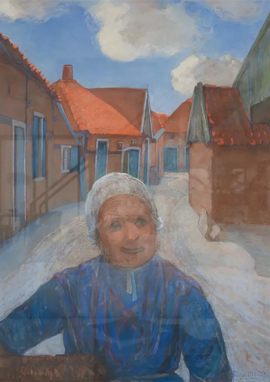 Vrouw in een blauwe jurk canvas schilderij hangt aan de muur boven het bed in de slaapkamer