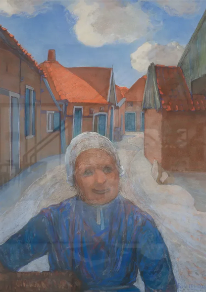 Elderly Woman in Village Street Red Roofs Blue Sky Painting