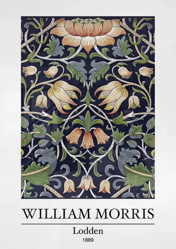 William Morris Lodden Bloemen Donkerblauw Oranje Groen Klassiek Patroon Kunst Schilderij