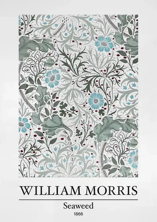 William Morris Zeewier Blauw Bloemen Rode Bessen Wit Canvas Schilderij