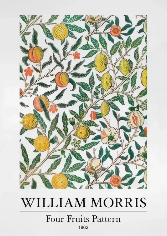 William Morris vier vruchten canvas schilderij boven het bed in de slaapkamer