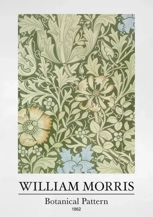 William Morris botanisch patroon canvas schilderij boven het bed in de slaapkamer