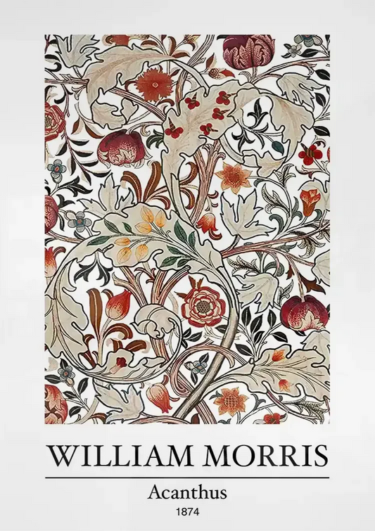 William Morris Acanthus canvas schilderij aan de muur boven het bed in de slaapkamer