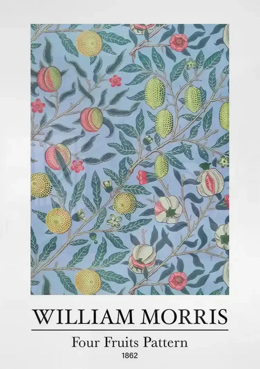 William Morris vruchtenpatroon canvas schilderij boven het bed in de slaapkamer