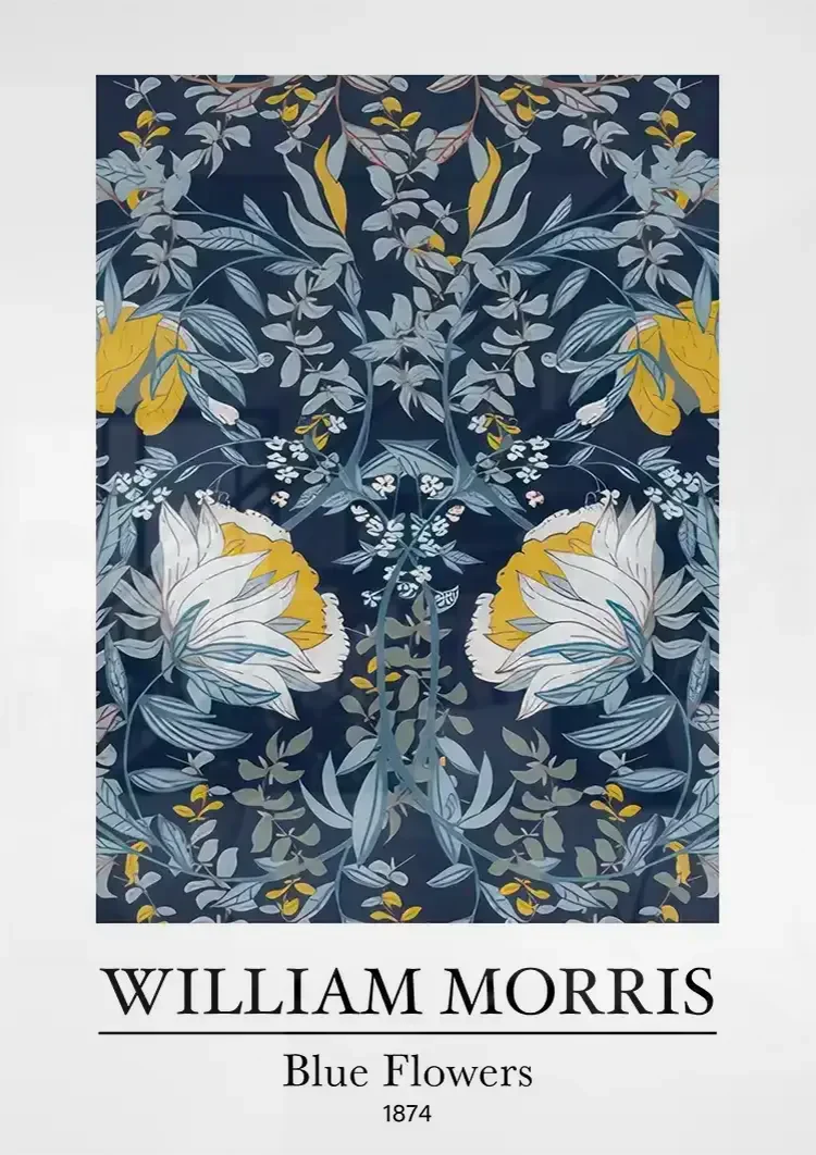 William Morris Blaue Blumen Weiße Gelbe Blumen Dunkelblaues Gemälde