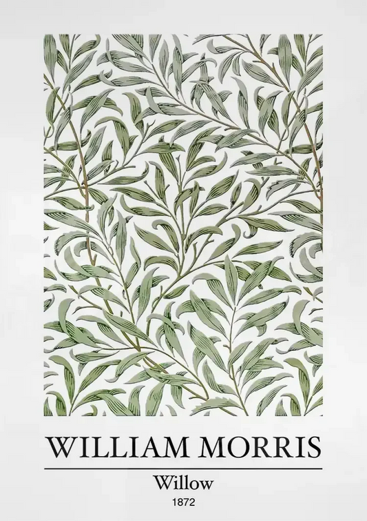 William Morris wilgentakken canvas schilderij aan de muur boven het bed in de slaapkamer
