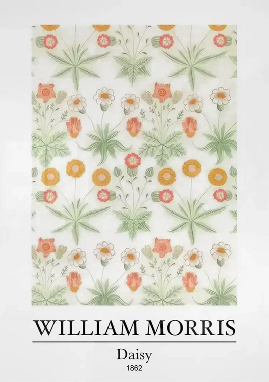 William Morris madeliefjes canvas schilderij aan de muur boven het bed in de slaapkamer