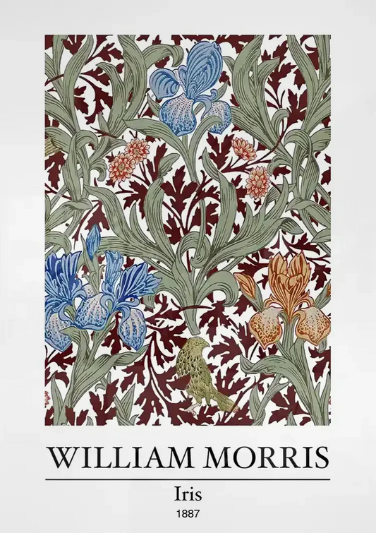Het Iris patroon van William Morris canvas schilderij boven het bed in de slaapkamer