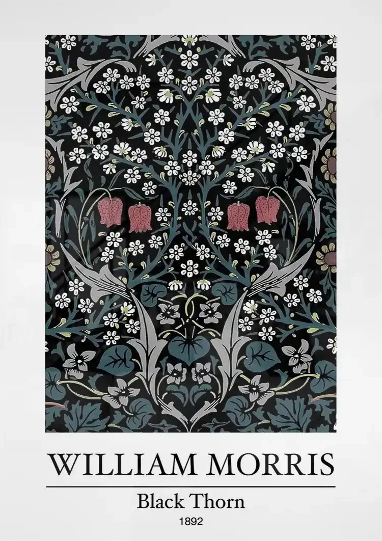 William Morris Black Thorn Dunkelblau Weiße Blumen Rosa Akzente Gemälde