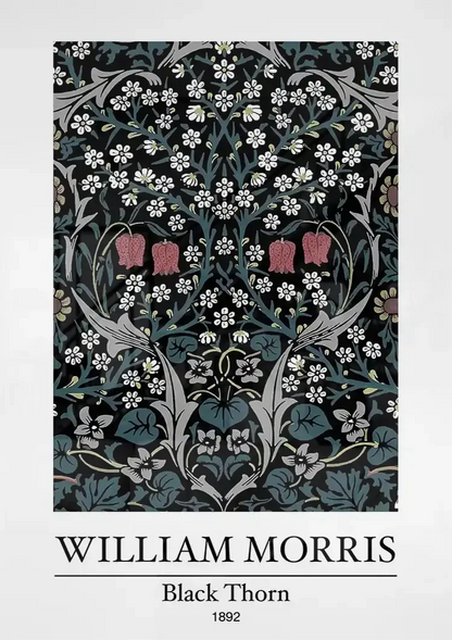 William Morris Black Thorn Dunkelblau Weiße Blumen Rosa Akzente Gemälde
