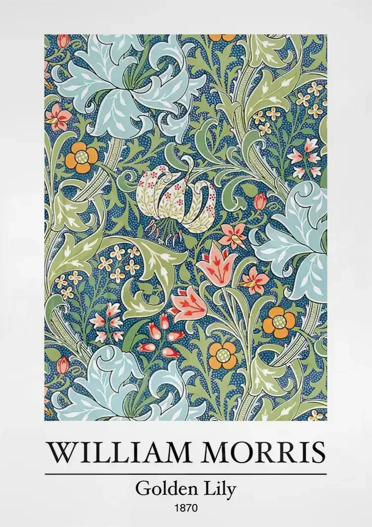 William Morris Golden Lily Blue-Green Colorful Botanical Painting