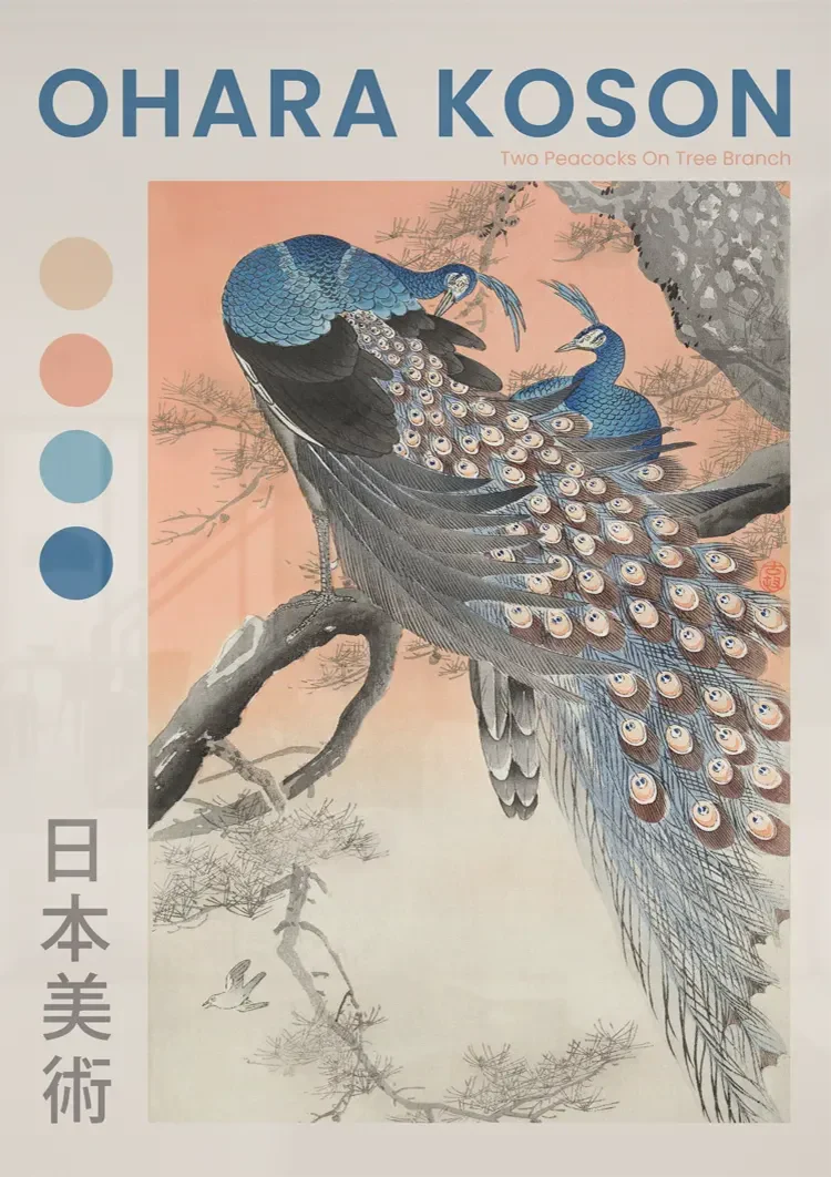 Two Peacocks on Tree Branch Japanese Pastel Nature Painting