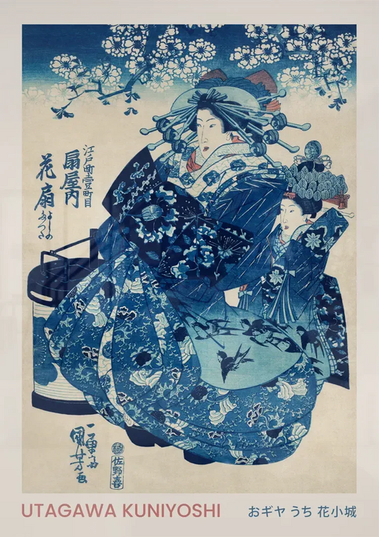 Vrouw in blauwe kimono canvas schilderij aan de muur boven het bed in de slaapkamer