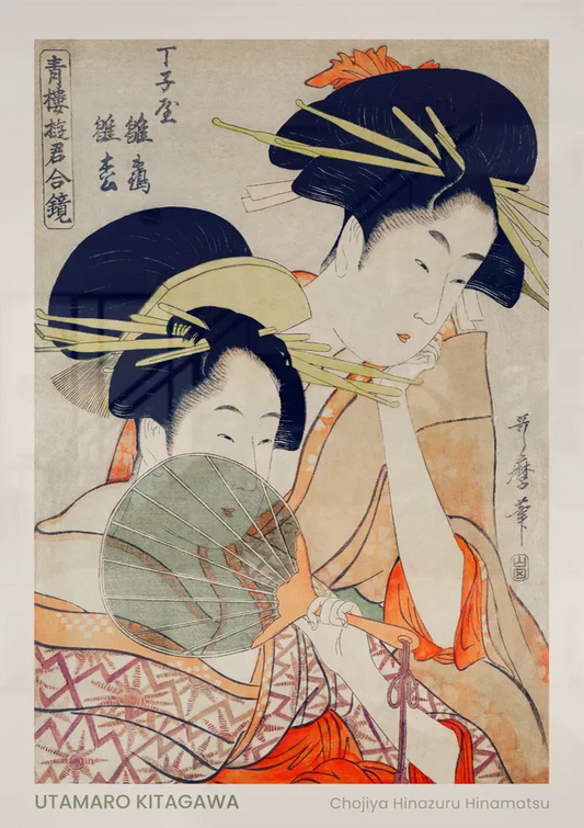 Twee vrouwen in kimono canvas schilderij aan de muur boven het bed in de slaapkamer