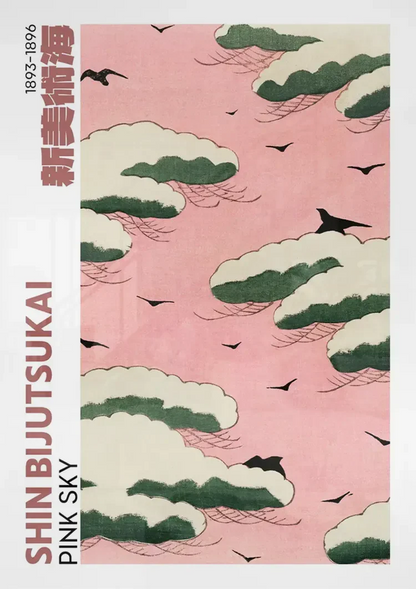 Roze Lucht Groene Wolken Zwarte Vogels Japanse Stijl Schilderij