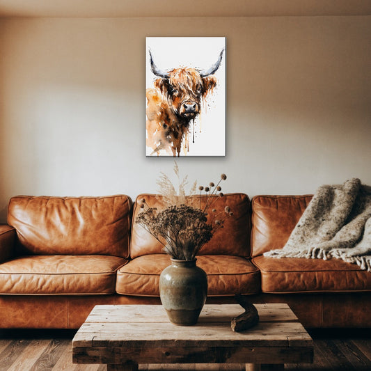 Schotse hooglander in aquarel canvas schilderij aan de muur boven de bank in een landelijke woonkamer