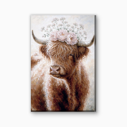 Schotse hooglander met bloemenkroon canvas schilderij in roze en cremewit