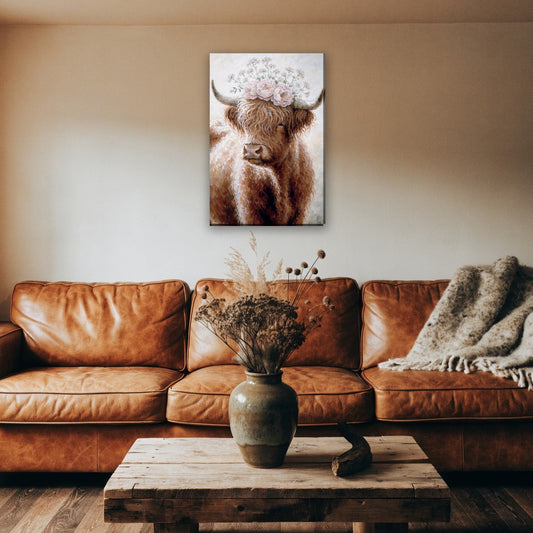 Schotse hooglander met bloemenkroon canvas schilderij aan de muur boven de bank in een landelijke woonkamer