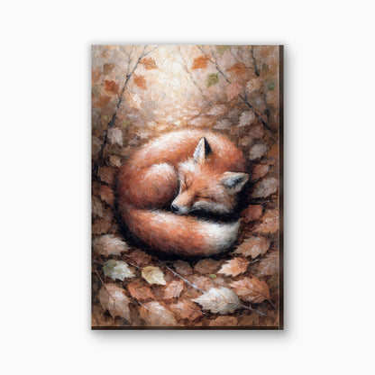Sleeping fox in autumn leaves canvas painting in fox red and orange