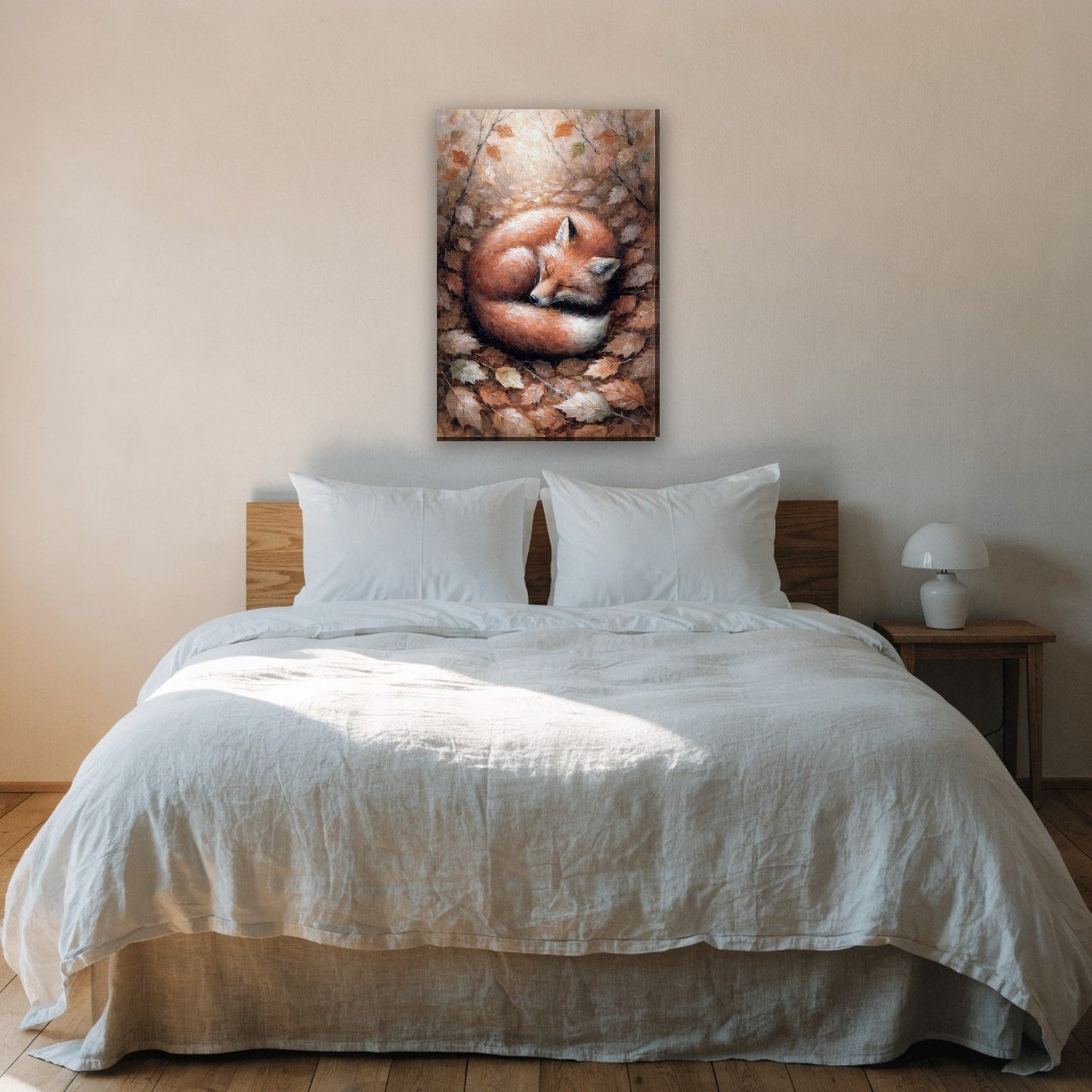 Sleeping fox in autumn leaves canvas painting on the wall above the bed in the bedroom