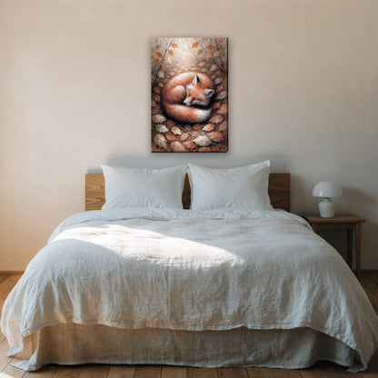 Sleeping fox in autumn leaves canvas painting on the wall above the bed in the bedroom