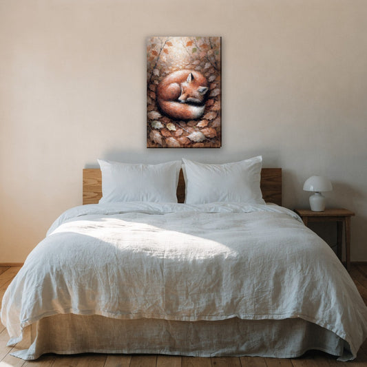 Slapende vos in herfstblad canvas schilderij aan de muur boven het bed in de slaapkamer