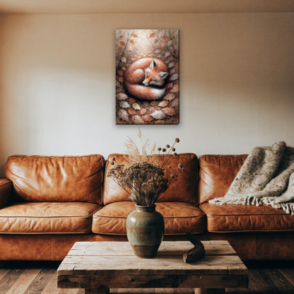 Sleeping fox in autumn leaves canvas painting on the wall above the sofa in a rustic living room