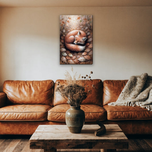 Slapende vos in herfstblad canvas schilderij aan de muur boven de bank in een landelijke woonkamer