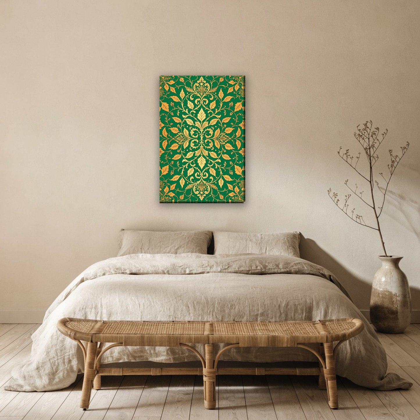 Smaragdgroene arabesk canvas schilderij aan de muur boven het bed in de slaapkamer