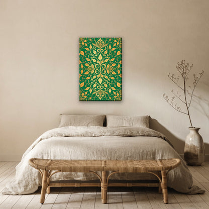 Smaragdgroene arabesk canvas schilderij aan de muur boven het bed in de slaapkamer