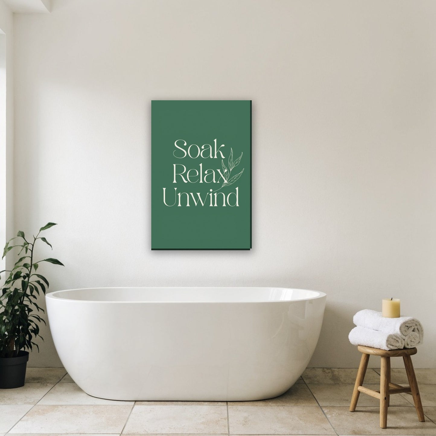 Soak Relax Unwind tekst canvas schilderij aan de muur in de badkamer boven het bad