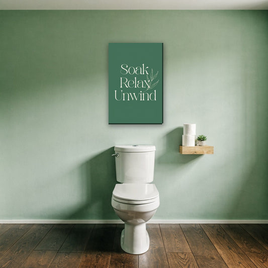 Soak Relax Unwind tekst canvas schilderij aan de muur boven het toilet