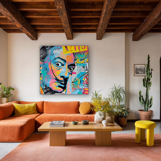Kleurrijk portret met snor canvas schilderij aan de muur boven het bed in de slaapkamer